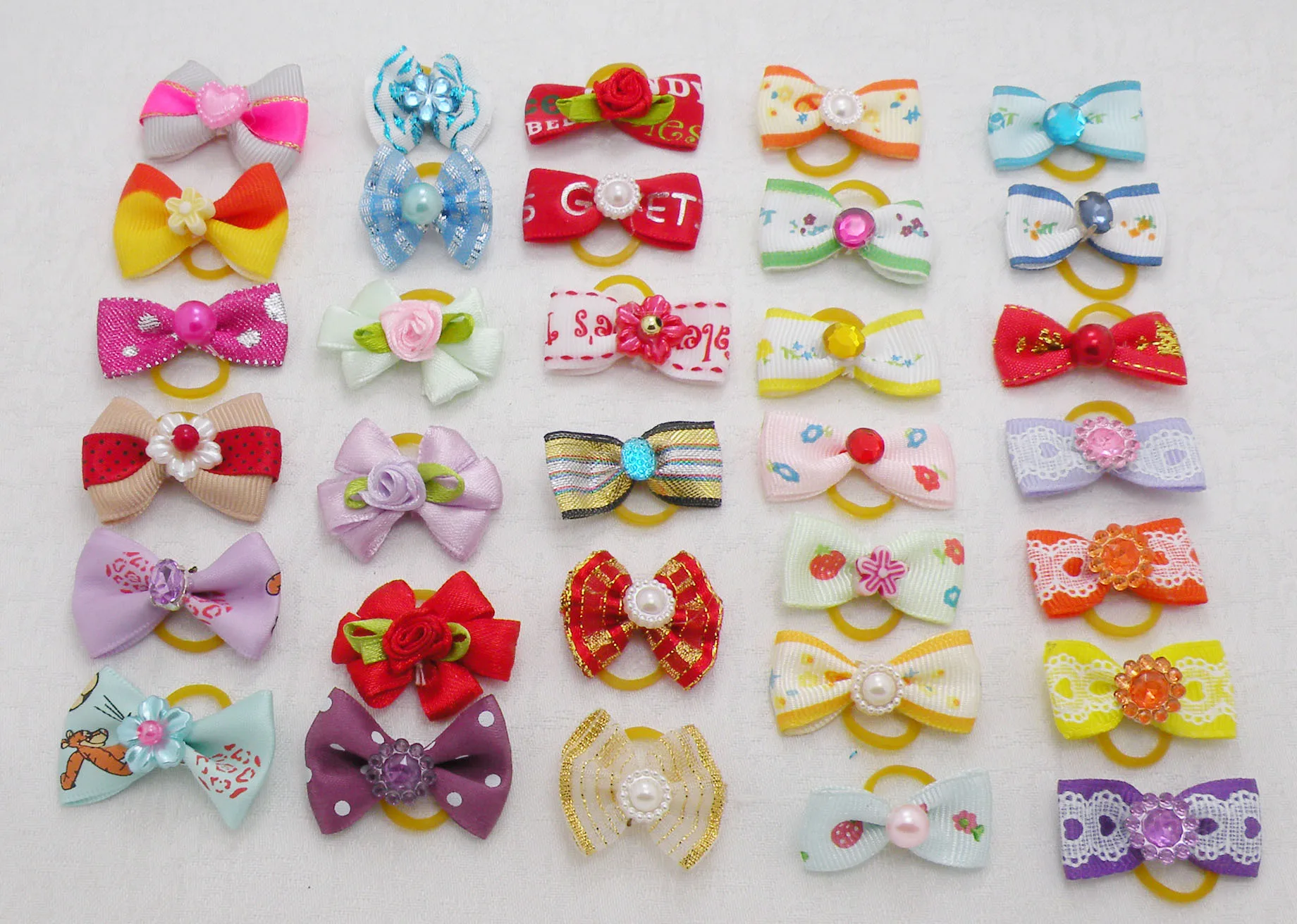 20/50/100pcs Mix Color Cute Ribbon Puppy Dog Hair Bow Knot Rhinestone Pearl Pet Grooming  Accessories