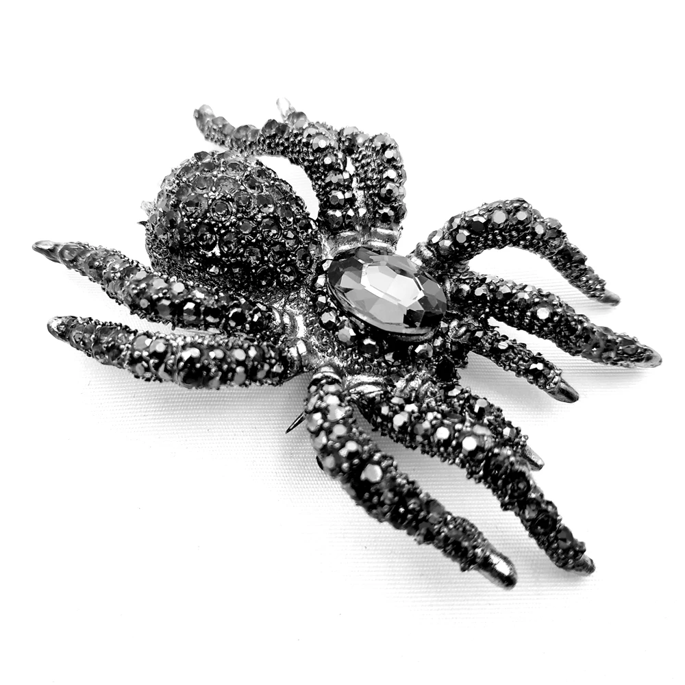 Vintage Statement 10-Legged Large Black Crystal Rhinestone Spider Brooches Huge Dangerous Bug Pin for Halloween Party Jewelry