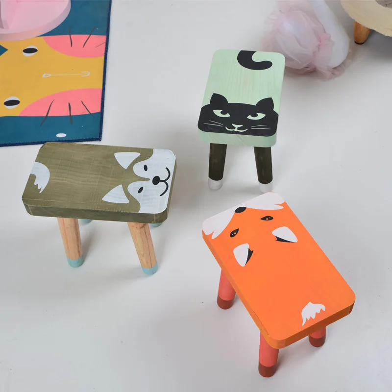 Wooden Toddler Chair Kids Cartoon Fox Cat Husky Pattern Bench  Nursery Room Kindergarten Chairs Children Room Decorations