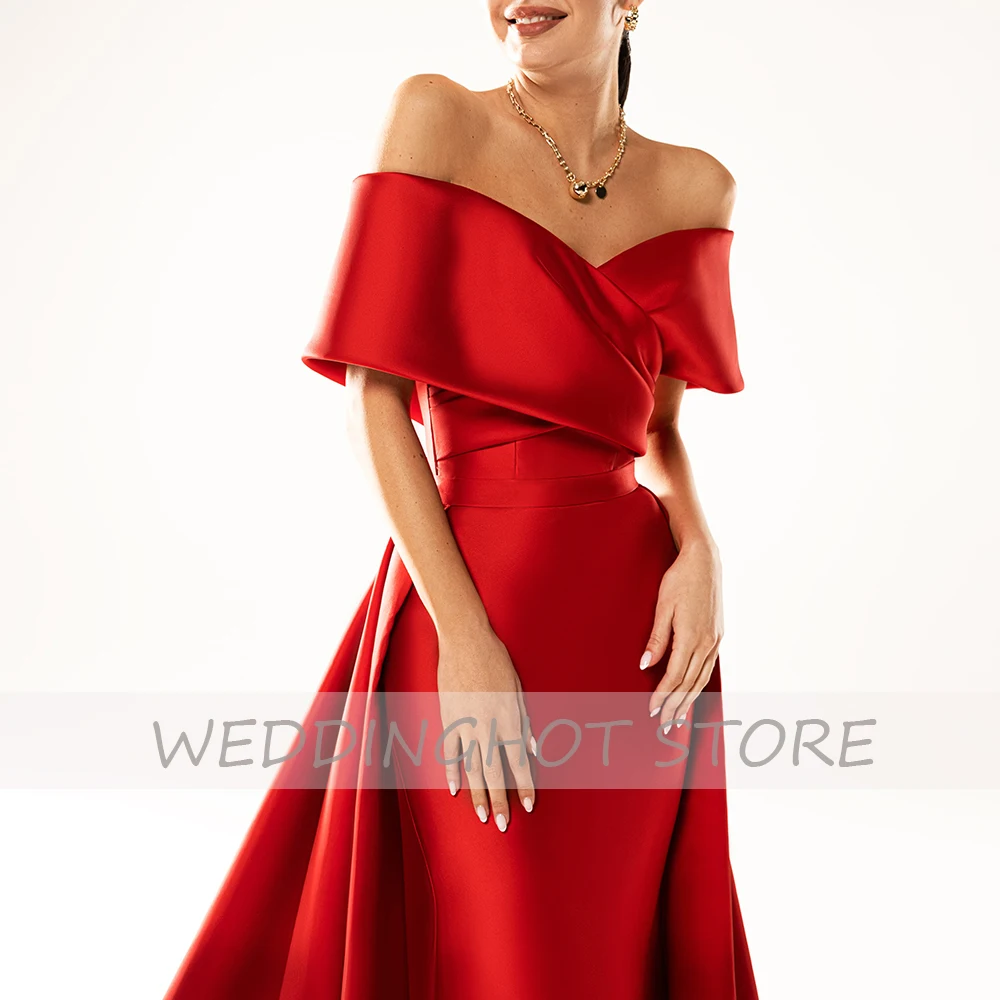 Red Mermaid Evening Dresses Long Luxury 2023 Women Satin Elegant Detachable Train Prom Gowns V-Neck Celebrity Robes De Soirée