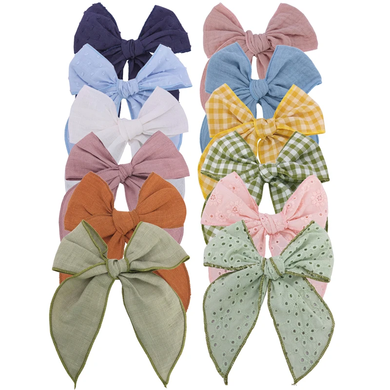 Hemmed Fable Bow Hair Clips Baby Girls Women Cotton Linen Bow Toddler Kids Velvet Large Tails Hair Bows Accessories Hairgrips