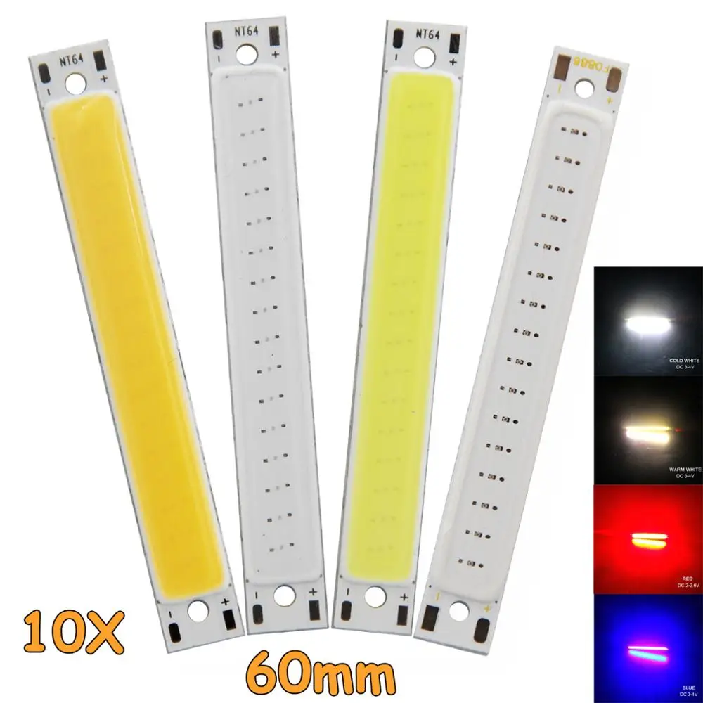 

10X LED COB Strip Light Bulb 8mm x 60mm 3W LED Work Floodlight Source Chip Beads DC 3V For DIY Lamp Super Bright Red Blue White