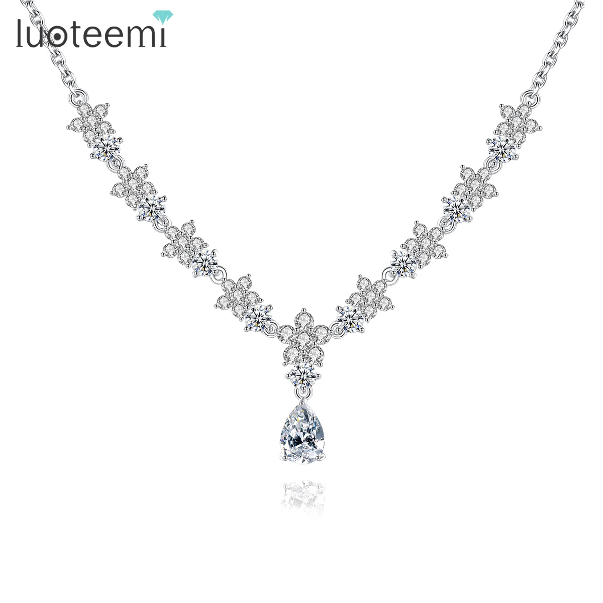 

LUOTEEMI Women Wedding Bridal Pendant Necklace For Women Multiple CZ Shinning Flowers With Big Water Drop Collares Para Mujer