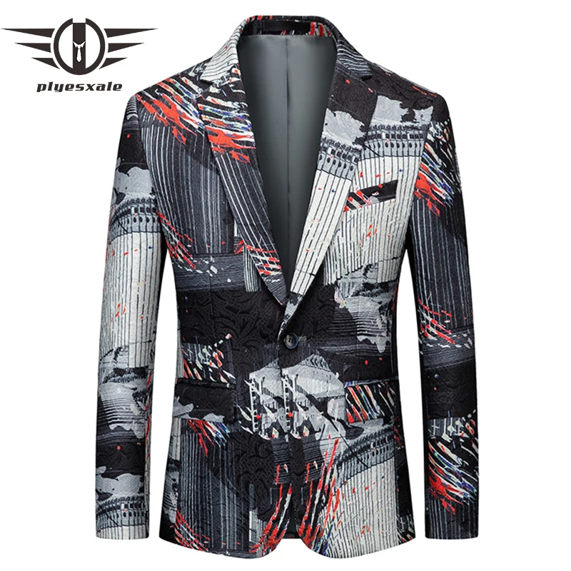 

Plyesxale Male Casual Blazers Fashion Printed Jacquard Pattern Men Single Button Suit Jacket High Quality Prom Blazer Man Q1507