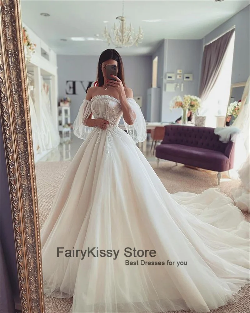 FairyKissy-vestidos de novia de tul con cuentas, exquisitos, escote corazón, sin hombros, para playa, Princesa, fiesta, boda elegante, 2021