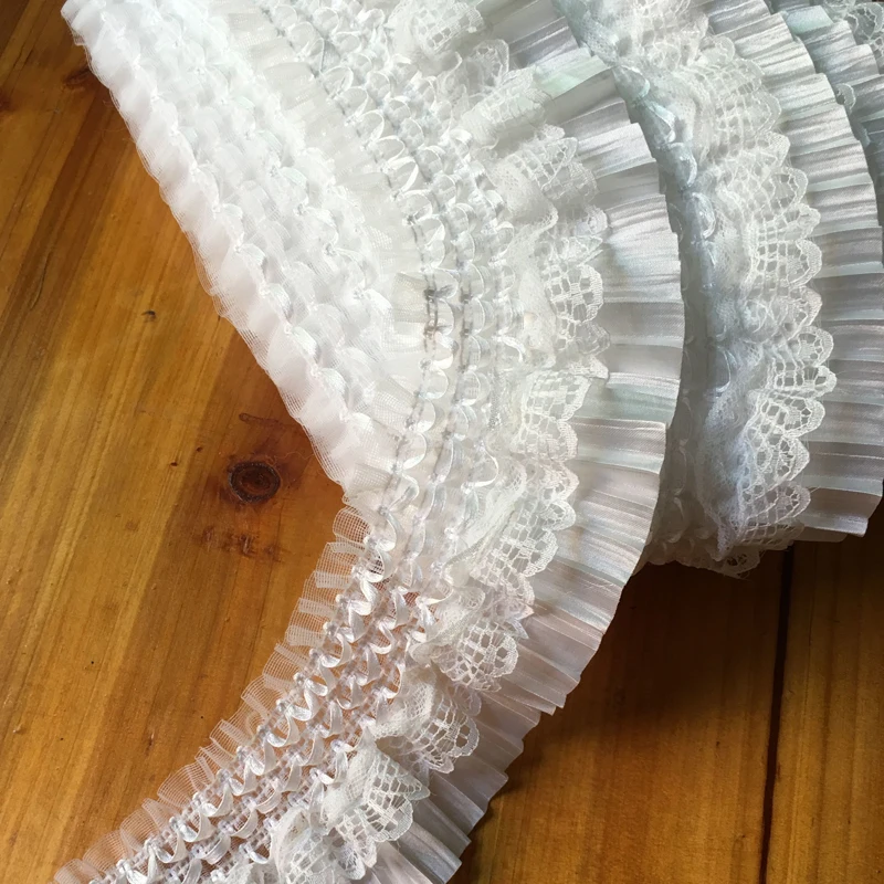 7.5CM Wide Beautiful White Black Pleated Chiffon Guipure Lace Fabric Fringe Ribbon Elastic Ruffle Trim Dress Collar Sewing Decor