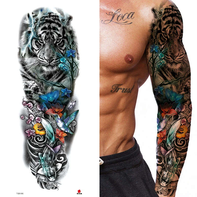 Large Arm Sleeve Lion Crown King Rose Waterproof Temporary Tattoo Sticker Fashion Wild Wolf Tiger Men Full Skull Totem Women