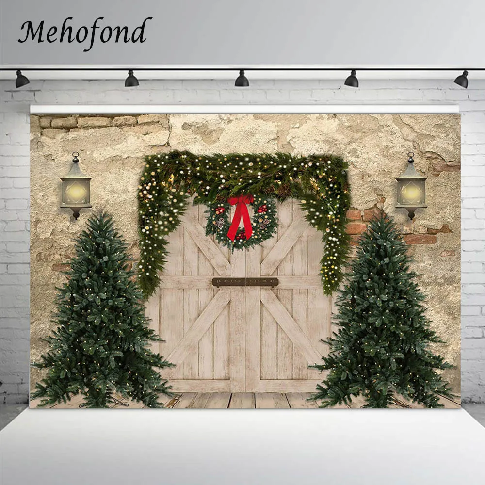 

Mehofond Christmas Photo Background For Photography Old Brick Wall Wood Door Pine Tree Wreath Portrait Backdrop Studio Photocall