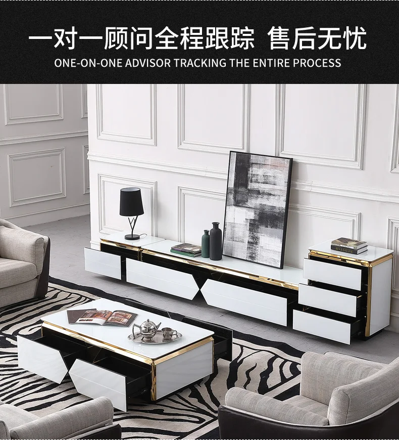 tea table black/white Living Room TV monitor stand mueble stalinite gold stainless steel cabinet +tv table+Coffee centro Table