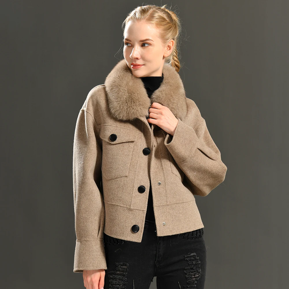 Jxwatcher Cashmere Wool Coat with Big Real Fur Collar Winter Jacket Pocket Full Sleeves Women Cropped Wool Outerwear Streetwear