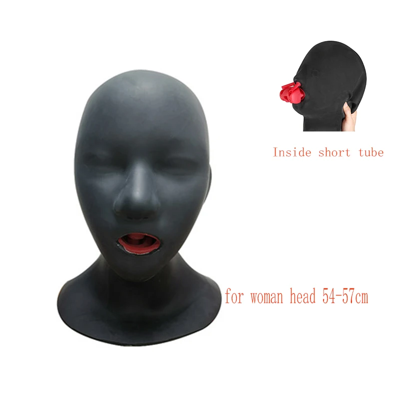 Seamless Hot 3D Latex Hood Rubber Mask Closed Eyes Fetish with Red Mouth Gag Plug Sheath Tongue Nose Tube Back Zipper for Women