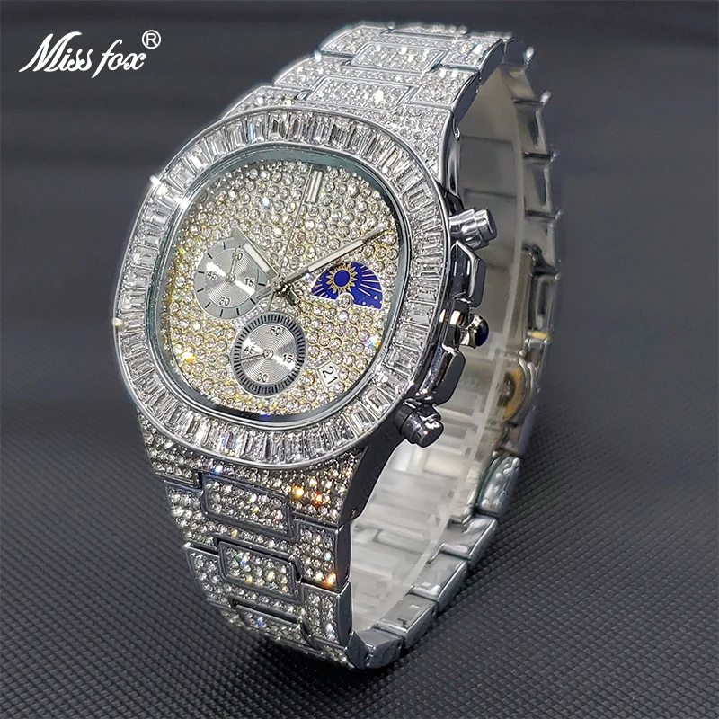 MISSFOX montre luxe homme Ice Out Diamond Three Dial Men's Chronograph Watch Moon Phase Quartz Wristwatch Dropshipping