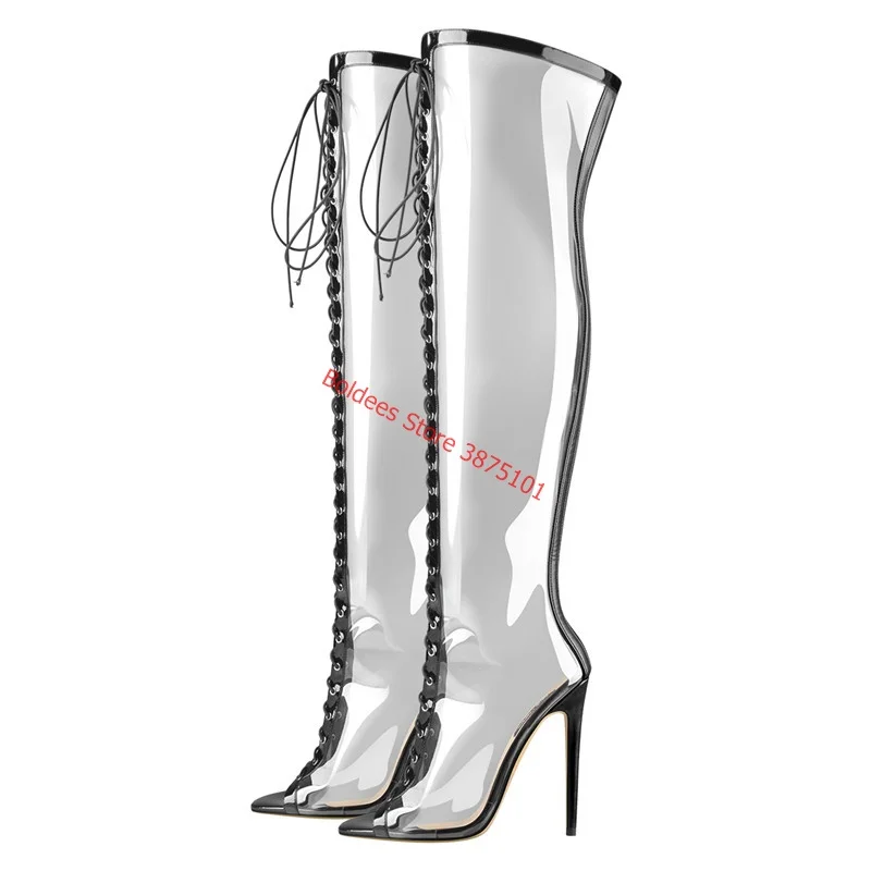 

Transparent PVC Tall Boots Women Peep Toe Stiletto 12CM High Heels Above-The-Knee Summer Boots Lace Up Party Fashion Show Shoes