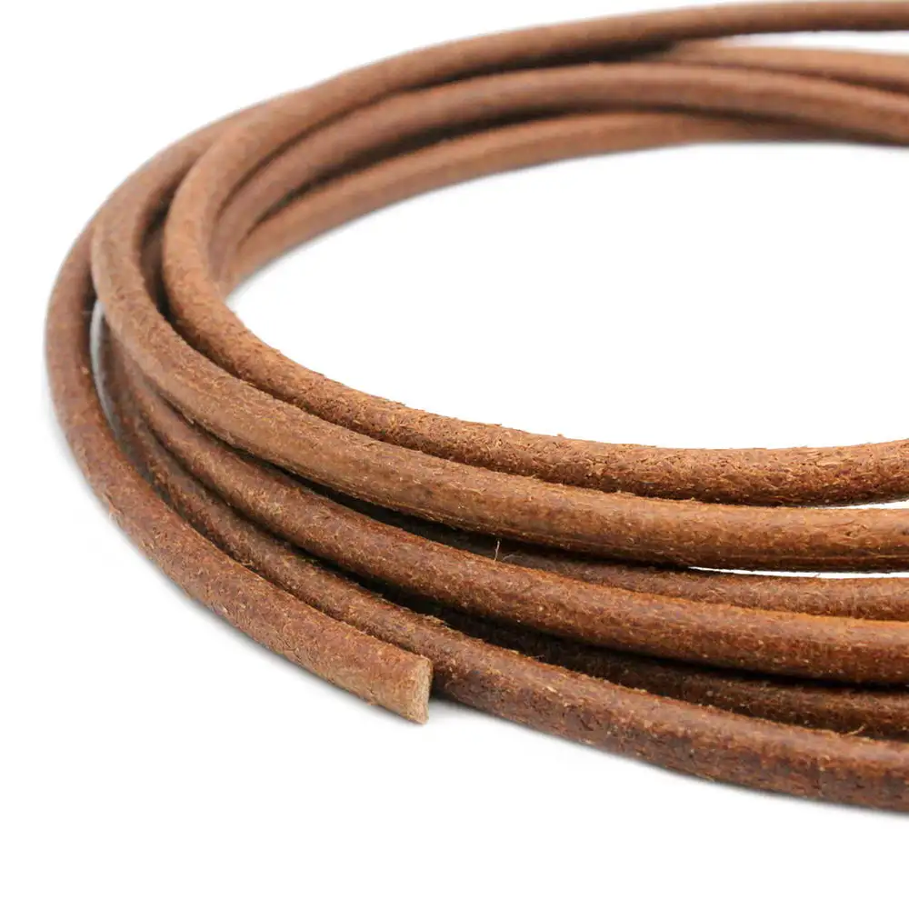 Aaazee 2 Yards 5mm Round Natural Real Cow Hide Leather Cord for Jewelry Making, Bracelet Necklace Craft