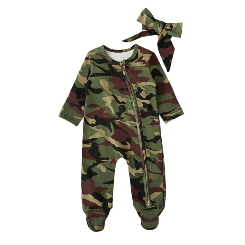 2Pcs Infant Toddlers Baby Boys Long Sleeve Camouflage One-piece Romper+Bow-Tie Headband Baby Clothing Outfits 0-9M