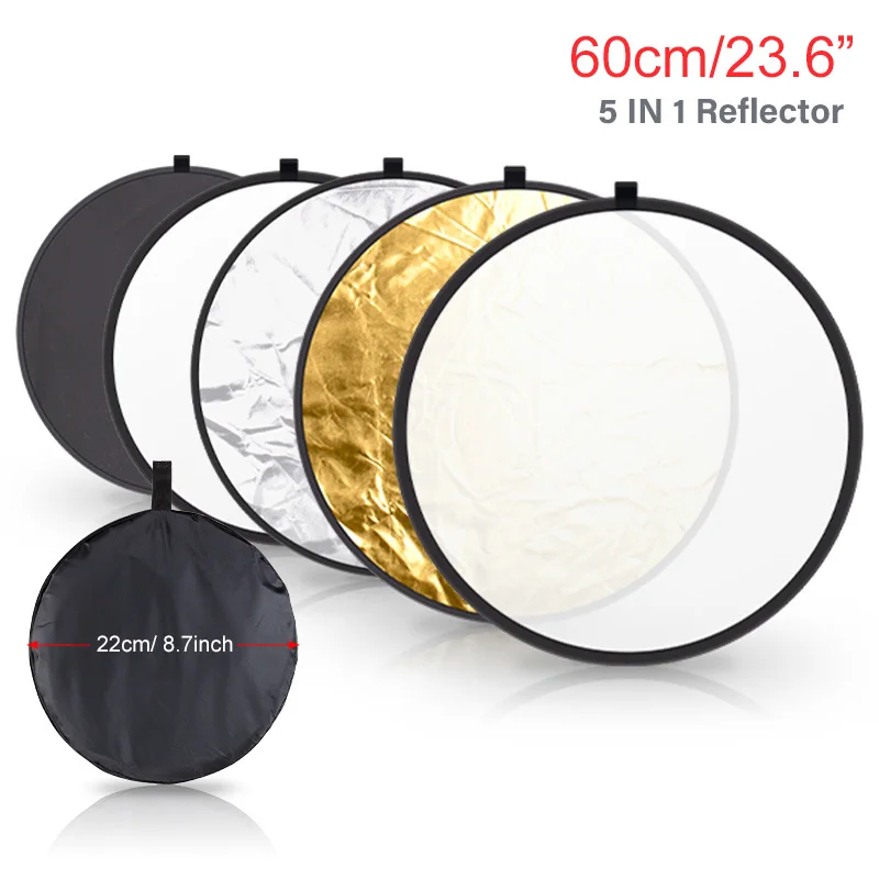 60cm Reflector 5 in 1 Round Shape Collapsible Refletor Photography Studio Strobe Head Monolight Disc Diffuer with Carrying Bag