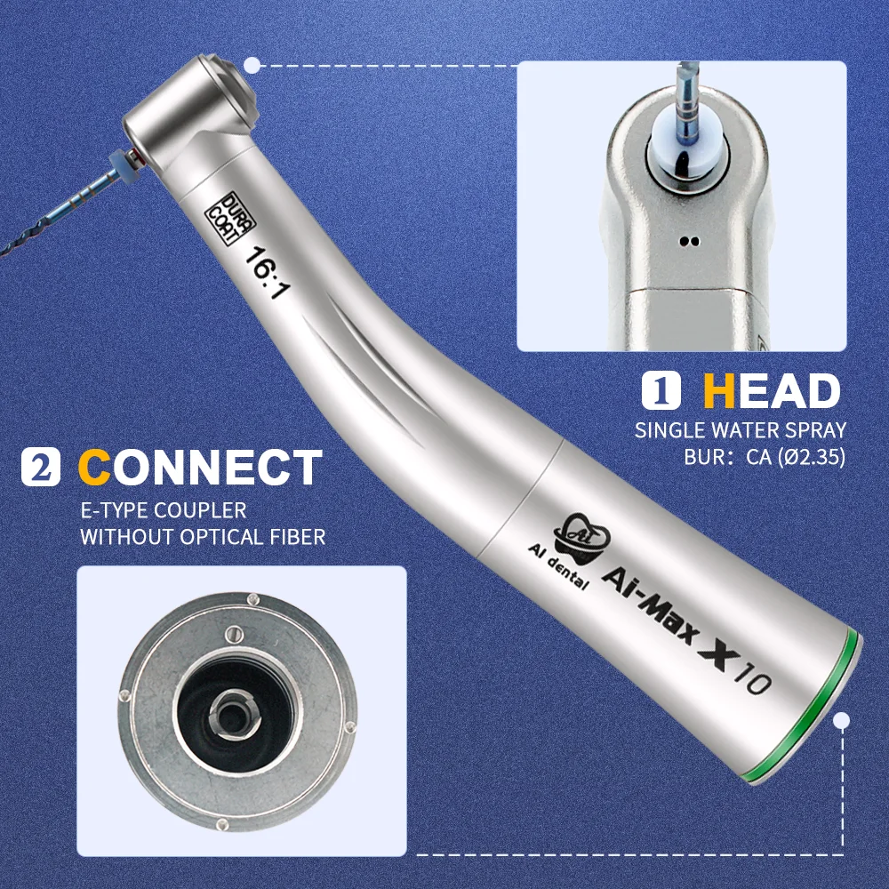 AI X10 Contra Angle Handpiece 16:1 Reduction Low Speed Dental Equipment Single Spray For CA Burs Green Ring Hand Piece