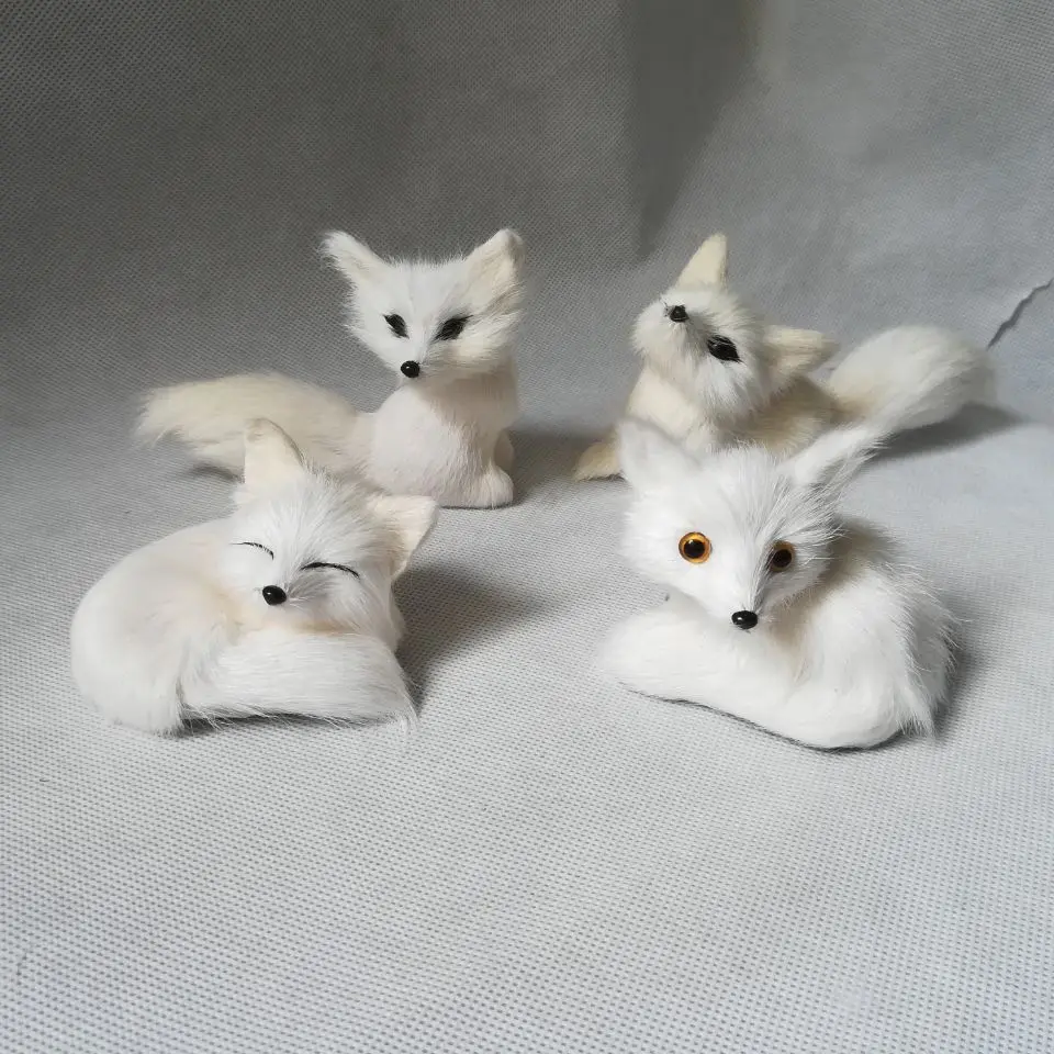 Brinquedo da vida real raposa modelo artesanato, plástico & pele raposa branca cerca de 9-12 cm um lote/4 peças, decoração para casa brinquedo presente de natal w0086