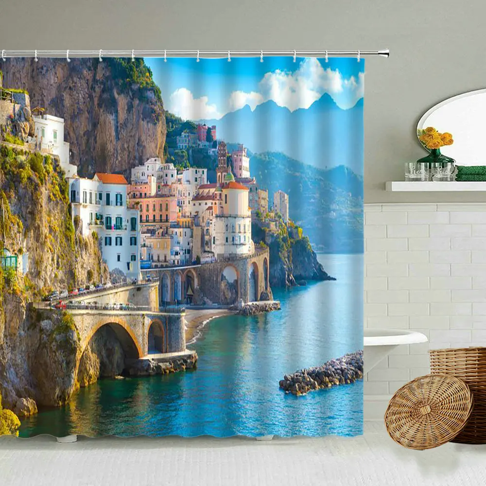 

European City Ocean Scenery Mediterranean Coast Village Greek Castle Bathroom Wall Deco With Hook Waterproof Polyester Screen