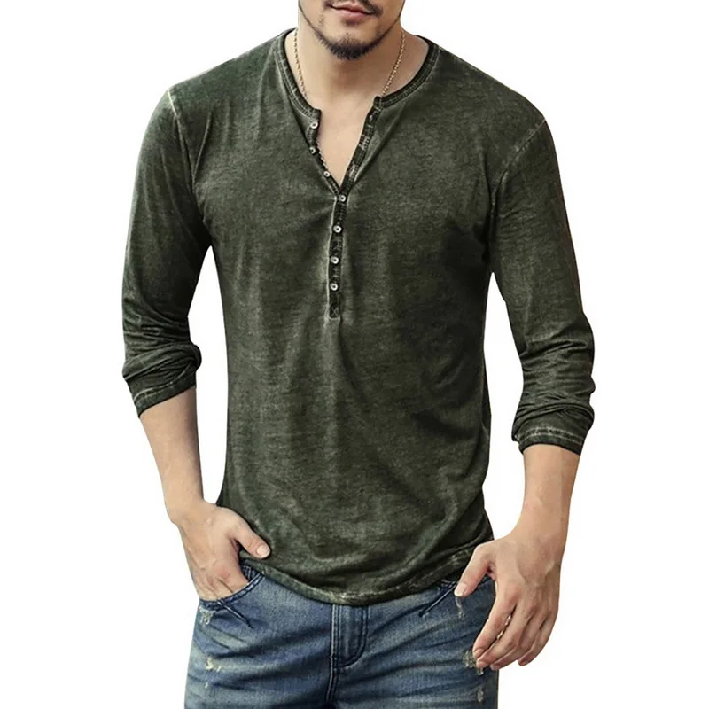 Men Tee Shirt V-neck Long Sleeve Tee&Tops Stylish Buttons T-shirt 2023 Autumn Casual Henley shirt Solid Male Clothing 5XL