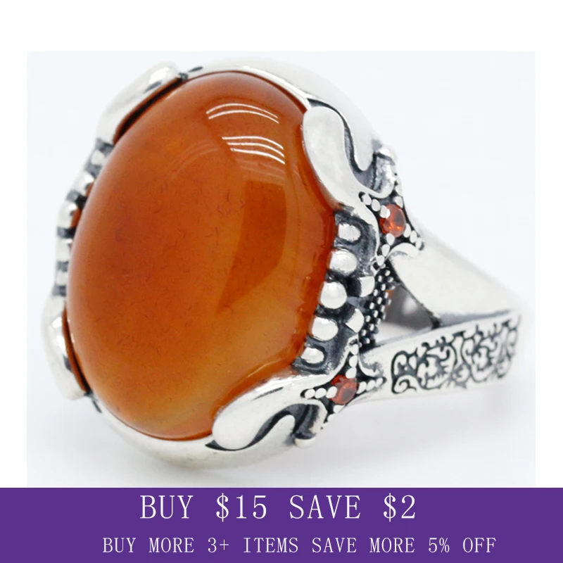 Big Red Natural Agate Stone Pure 925 Sterling Silver Ring For Men Lines Red CZ Stone Vintage Party Ring Cool Style Turkey  Ring