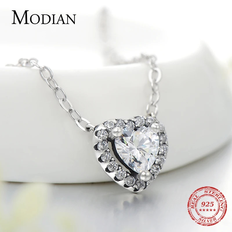 Modian Real 925 Sterling Silver Clear CZ Heart Pendant Necklace for Women Chain Fashion Wedding Statement Jewelry Accessories