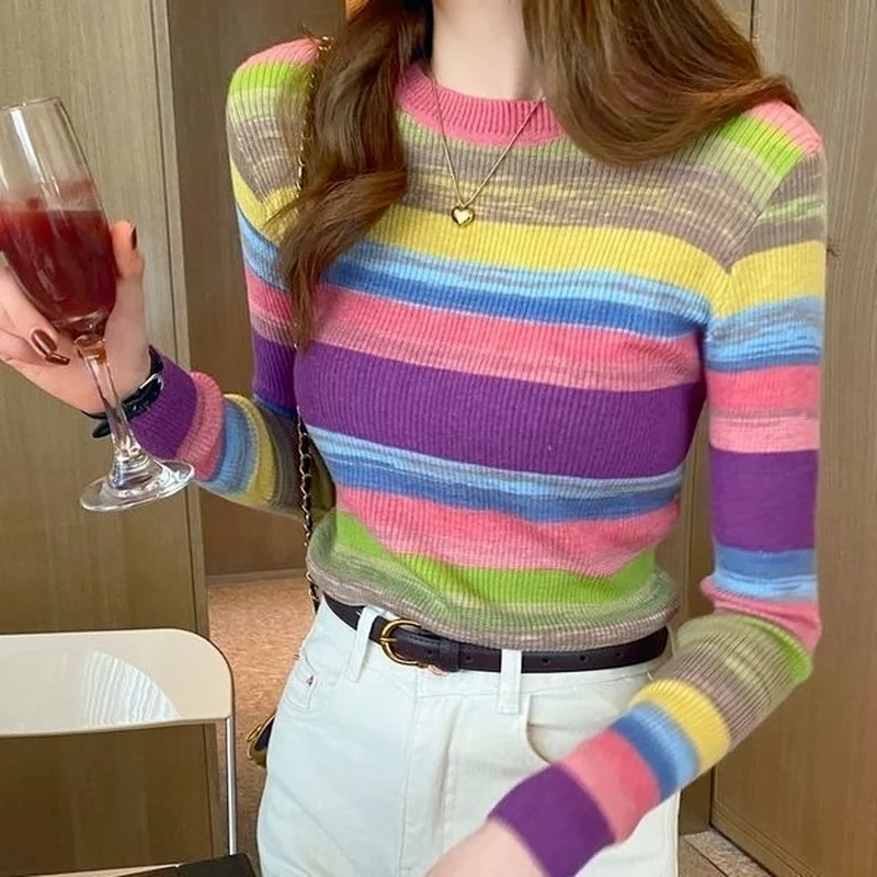 Striped Pullovers Women Rainbow Slim Sweet Female O-neck Spring Cozy Autumn Sweaters Chic Teens Colorful Knitted Clothing Newest