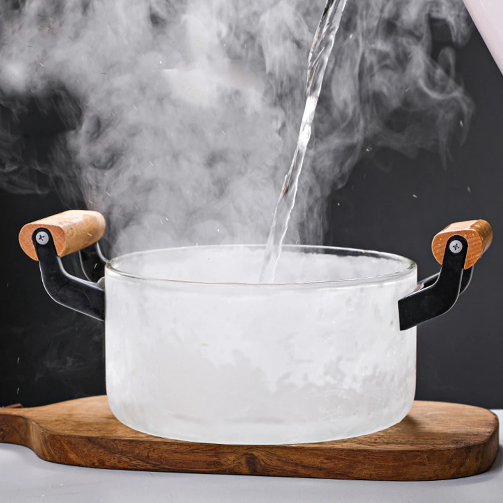 High Temperature Resistant Transparent Lid With Wooden Handle Stock Pot With Large Capacity Open Flame Heating Glass Double Ear