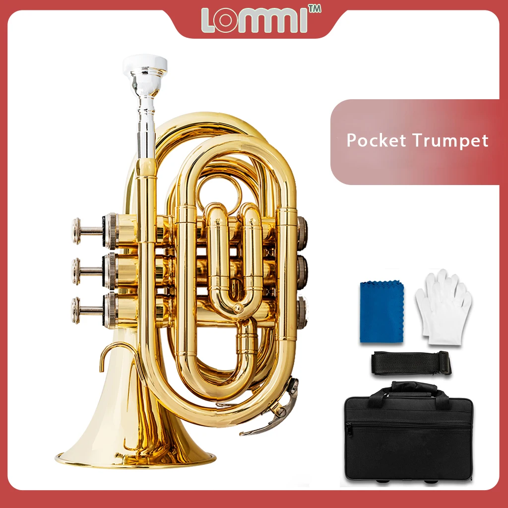 LOMMI Professional Pocket Trumpet Tone Flat B Bb Brass Wind Instrument W/Mouthpiece Gloves Cloth Brush Grease Hard Case