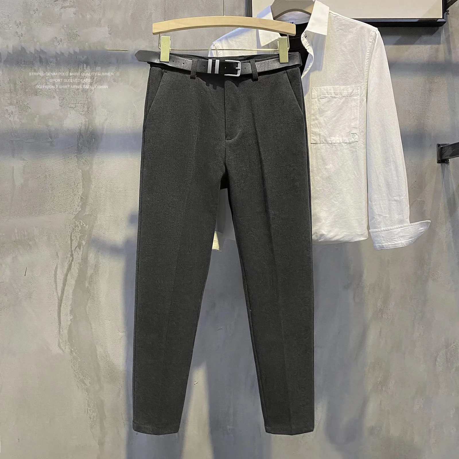 Winter Men Thick Woolen Cloth Suit Pants Casual Straight Drape Korean Fashion Business Trousers Male Clothing (No Belt)