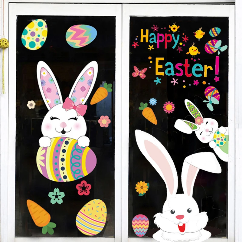 Happy Easter Window Stickers Bunny Colorful Easter Rabbit Eggs Chick Easter Wall Stickers Easter Decorations for Home Decals