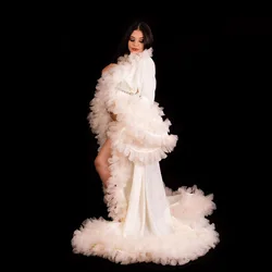 Noble Satin Long Sleeves Tulle Floral Maternity Robe Party Dress Pregnant Gown for Women Photography Prop Baby Shower Costume