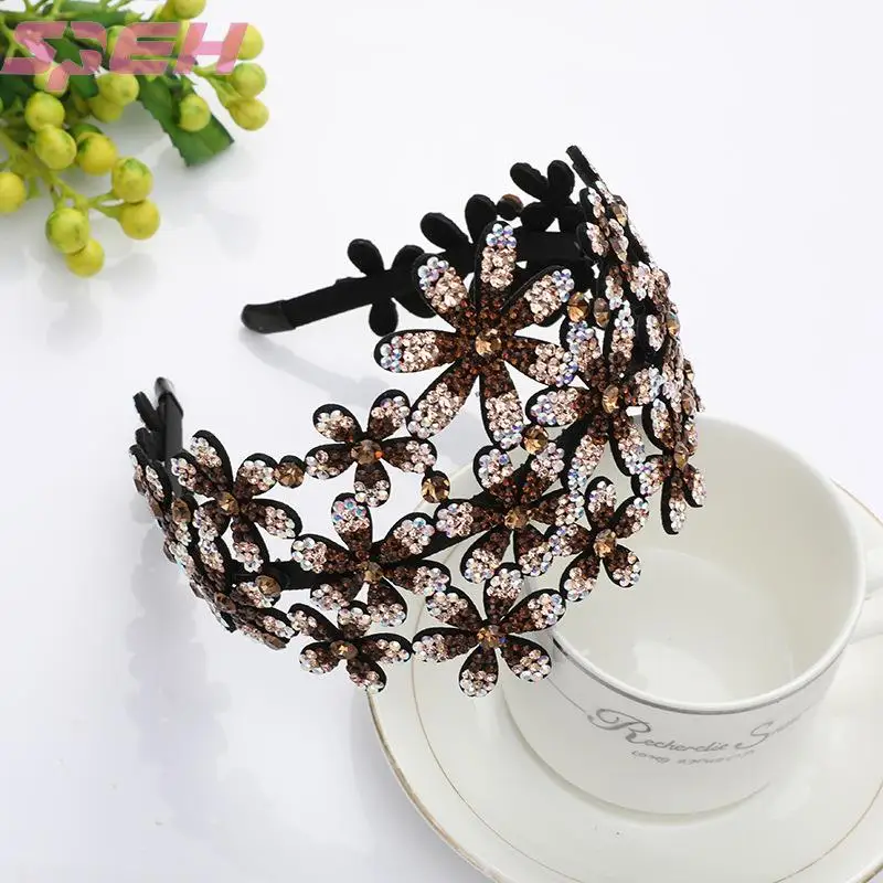 Hair accessories Rhinestone hair hoop female three-dimensional flower head hoop drill wide edge toothed hairpin hair ornament