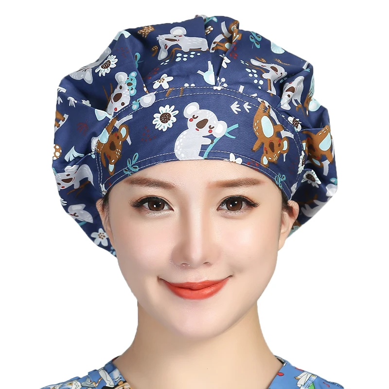 Christmas Scrubs Hats Printed Cotton Sweatband Bouffant Caps Adjustable Washable Printed Work Wear Beauty Salon Working Caps