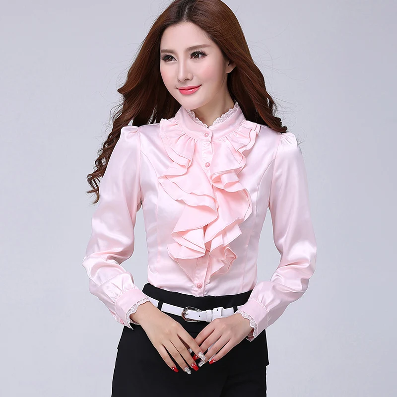 

Formal business women white tops blouse long sleeve womens work flounce frill shirts stand collar shirts office ladies camisa