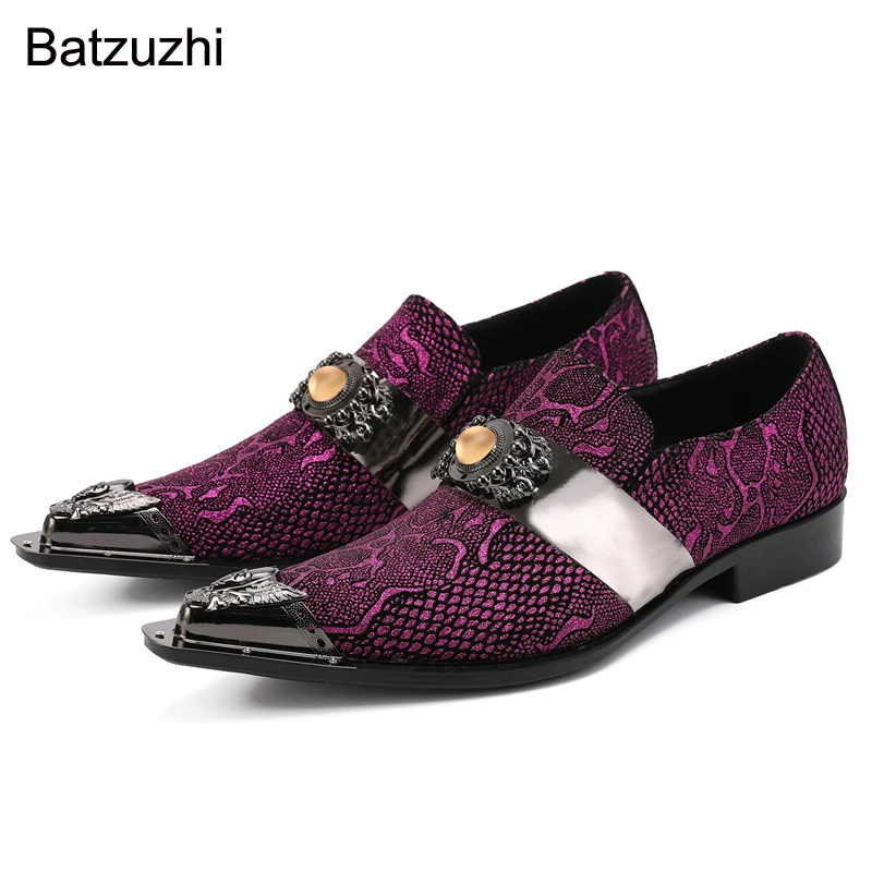 

Batzuzhi New Design Men Shoes Pointed Iron Head Purple Leather Dress Shoes Men Personality Party and Wedding Zapatos Hombre