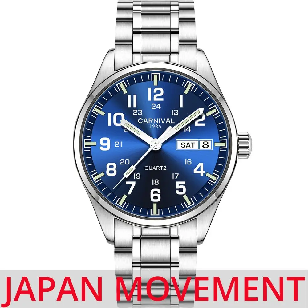 Japan Movement Watches Mens 2020 CARNIVAL New Luminous Watch Men Waterproof Quartz Watches for men Auto date Relojes para hombre