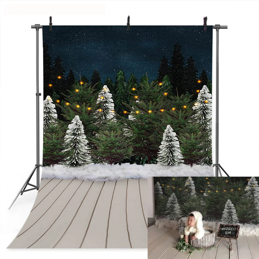 

Christmas Photography Backdrop Winter Newborn Portrait Photo Background Christmas Tree Snow Starry Sky Photocall Wood Floor