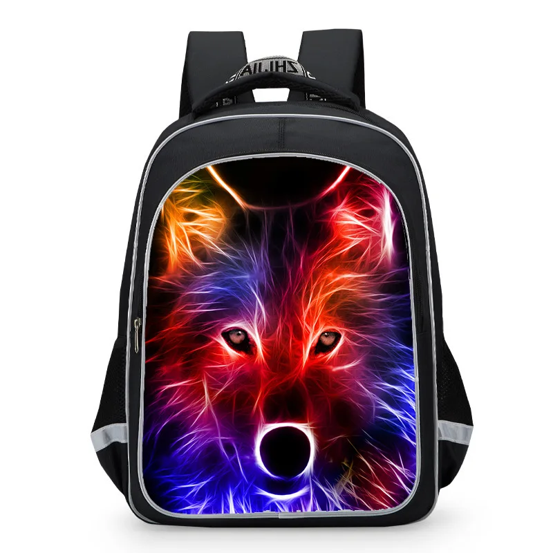 New night wolf black wolf dog creative backpack with reflective strip schoolboy backpack children\'s backpack