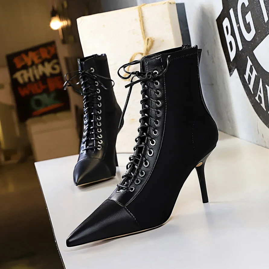 

BIGTREE New Women Boots 2023 Ankle Boots for Women Lace Up Thin Heel Shoes Autumn Winter Fashion High Heel Boots Botas Mujer