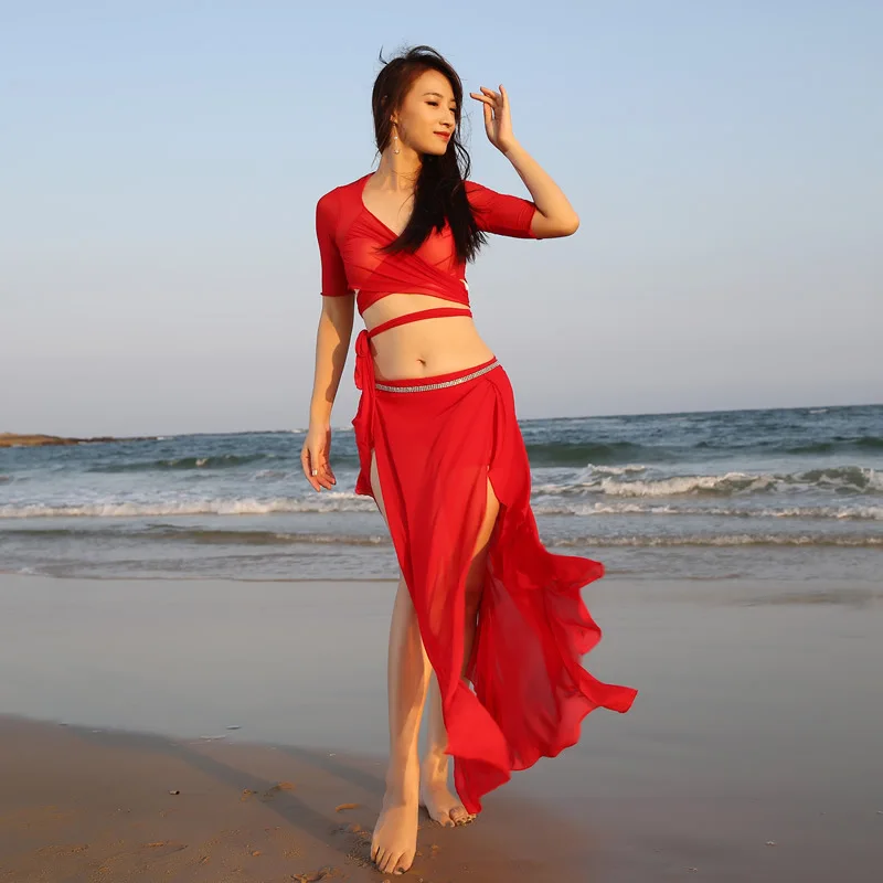 Belly Dance Practice Clothes New Summer Color Blocking Cotton Training Outfits Top Skirt Indian Oriental Dancing Perforamnce Set