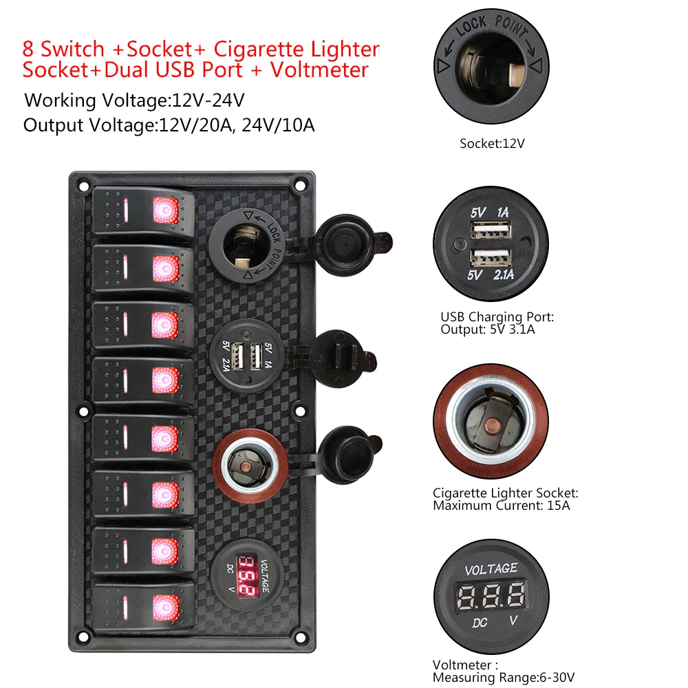 12V/24V Car Marine RV Circuit LED Breaker Waterproof Digital Voltmeter Dual USB Cigarette Lighter Socket 8 Gang Switch Panel