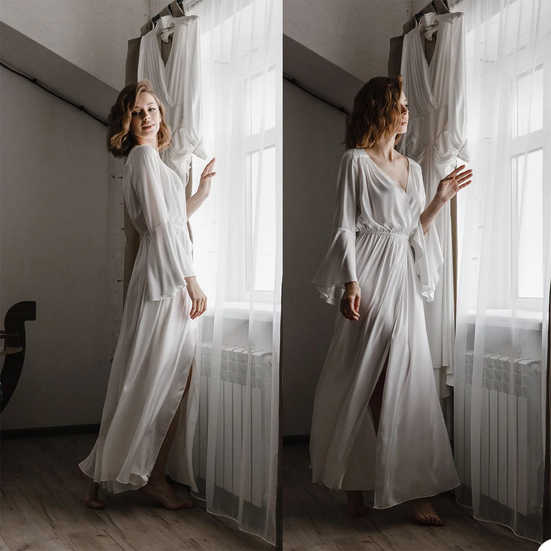 Elegant Ivory Bridal Wedding Dresses Sleepwear Winter Lingerie Nighties Illusion Women Evening Party Bathrobes Nightgowns