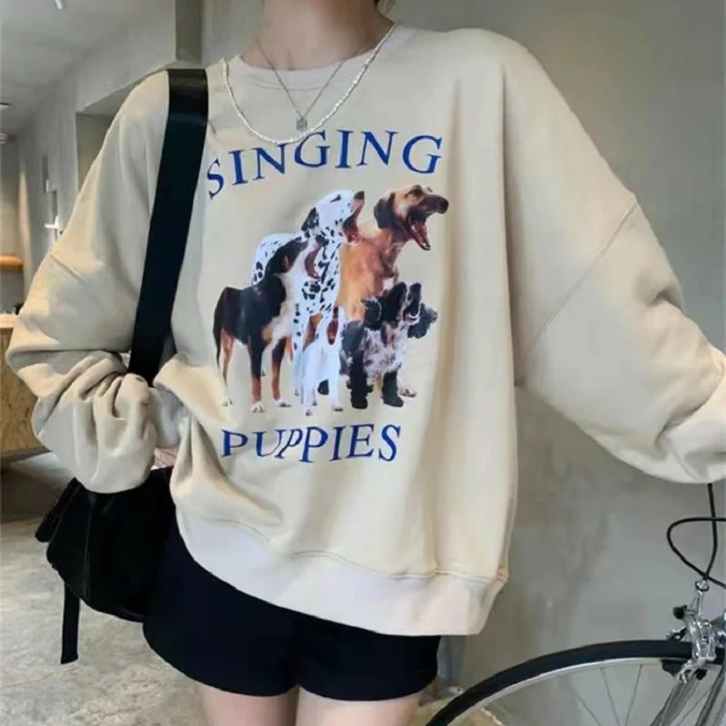 Women Hoodies Sweatshirt Fleece 85%Cotton Tracksuit Sports Loose-fit Pullover Printing Dog Cute  Animal Picture Casual Stitch