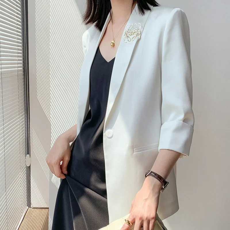 Ladies Office Business Work Blazer Jacket Women One Button Three Quarter Spring Summer Thin Suit Coat New Fashion White Blazers