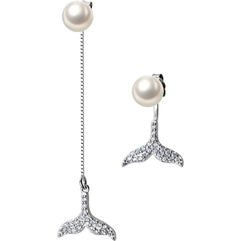 YIZIZAI 925 Sterling Silver Cute Tiny Japanese style Pearl Whale Tail Earrings Women Sweet Mermaid Tail Back Hanging Ear Jewelry