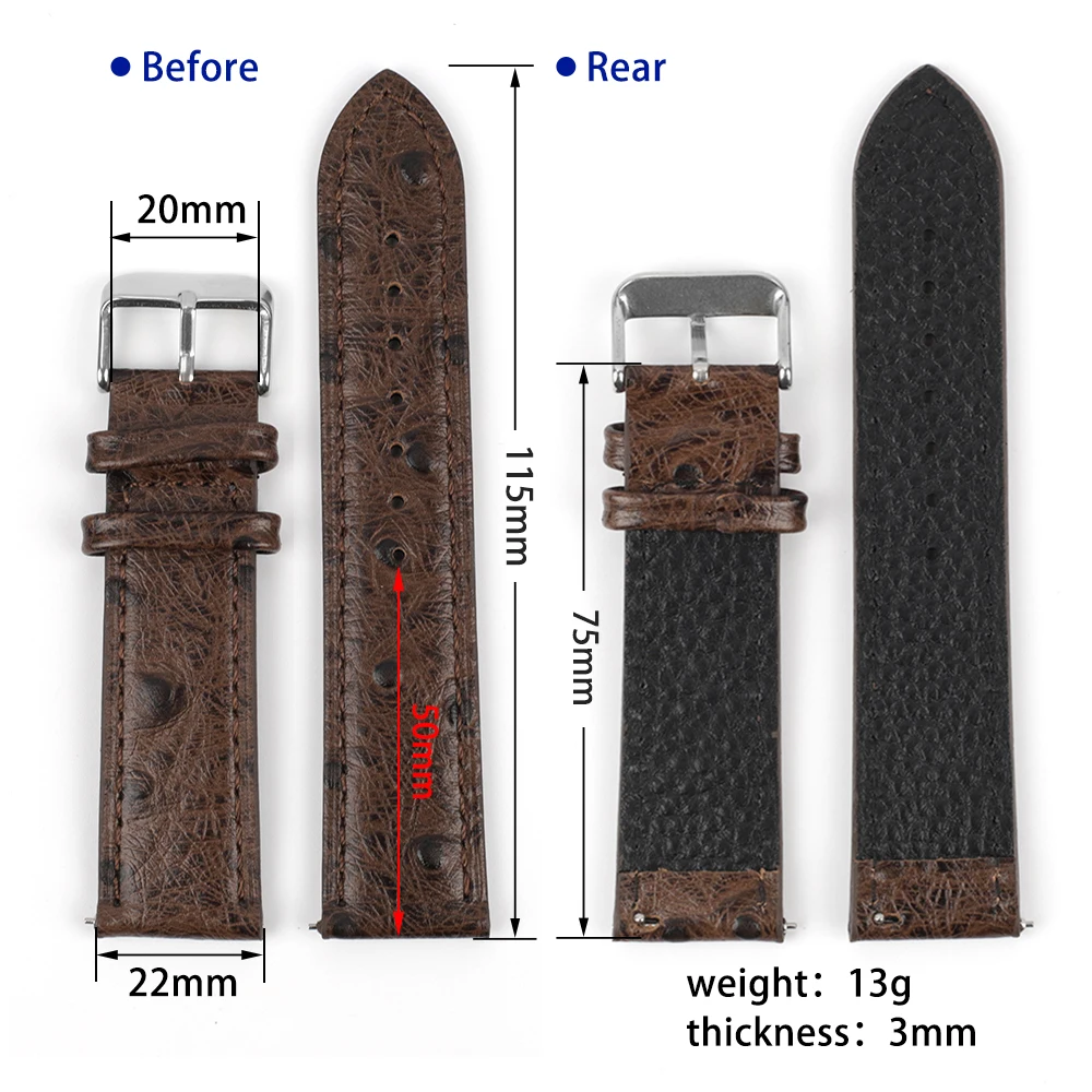 Genuine Leather Retro Ostrich Pattern Leather Watchbands Straps 18mm 20mm 22mm 24mm Smart Quick Release Watch Bands Replacement