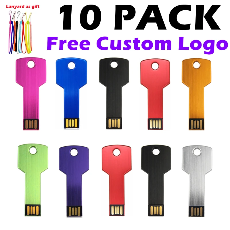 10PCS Personalized Logo USB Key Shape Pendrive Metal Memory Stick 4GB 8GB Pendrive 32GB 16GB Usb Flash Drive Business Memory