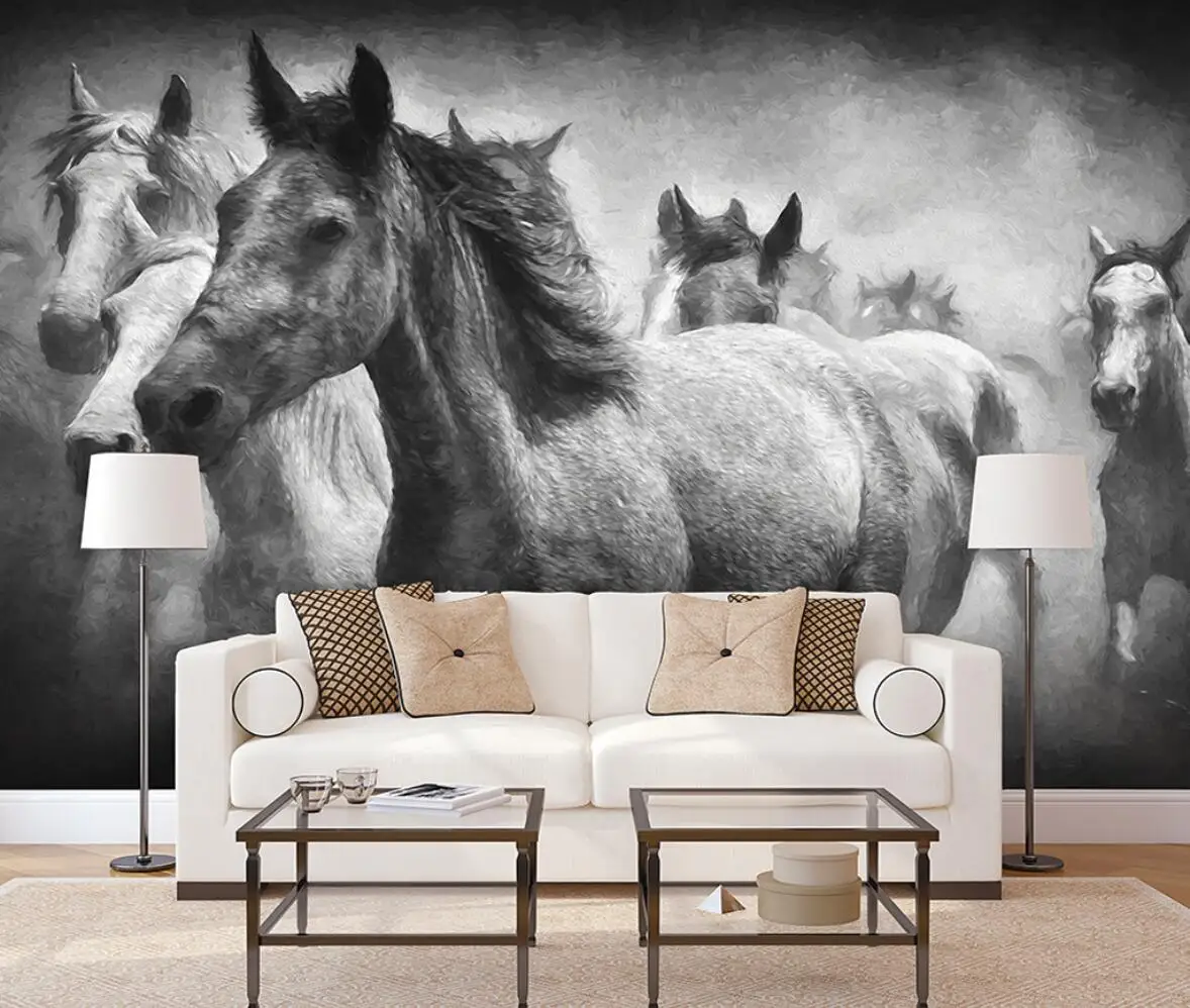 Custom wallpaper European retro hand-painted black and white horse Nordic art background wall decoration painting 3d wallpaper