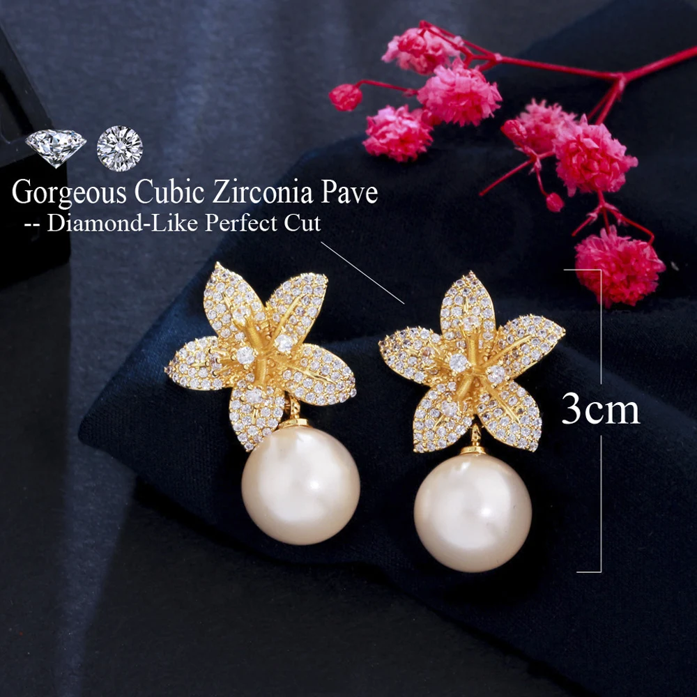 ThreeGraces Beautiful Flower and Simulated Pearl Dangle Earrings for Women Shiny Cubic Zirconia New Fashion Party Jewelry ER710